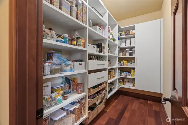 Walk-in pantry with California closets and shelves.