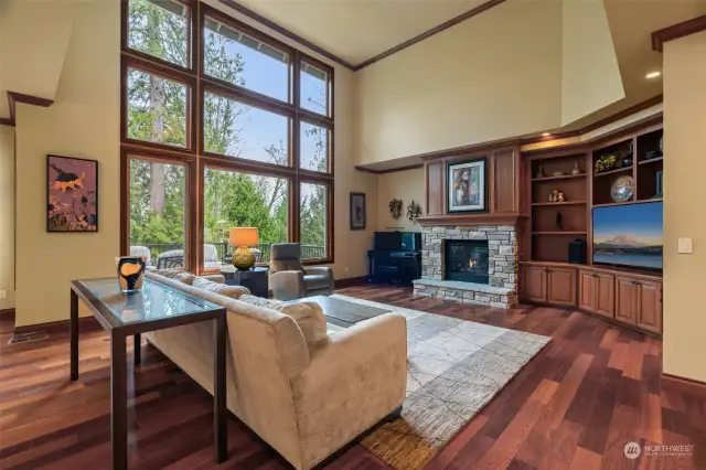 Great living room with dramatic floor to ceiling windows, gas fireplace, quality built-in cabinets, Cherry hardwood floors
