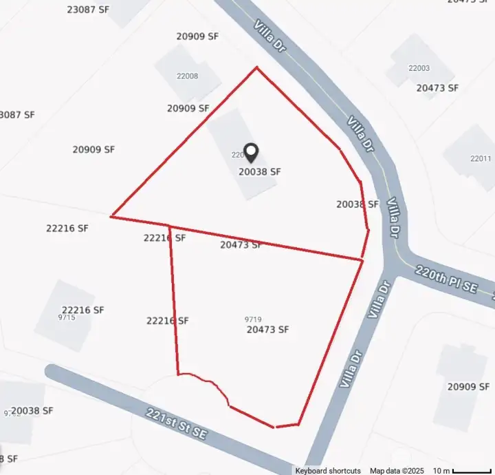 Aerial map of both parcels being sold in this listing. Northern parcel is 22012 with home.