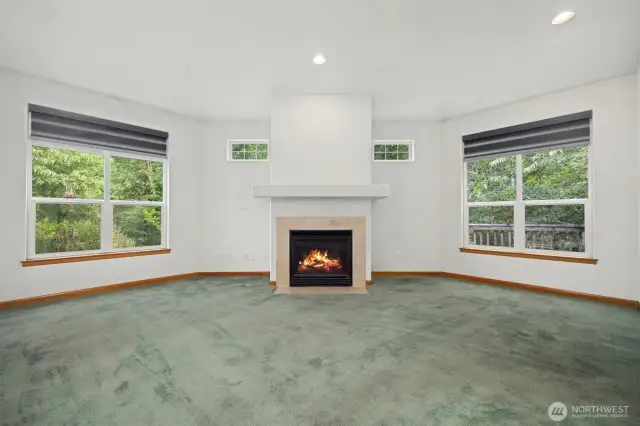 The living room is very spacious and looks out to the greenbelt with a stream running through it.