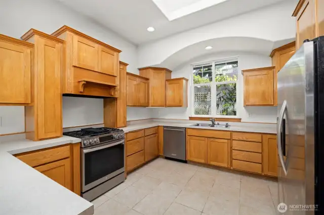 The window above the kitchen sink looks out toward the east.