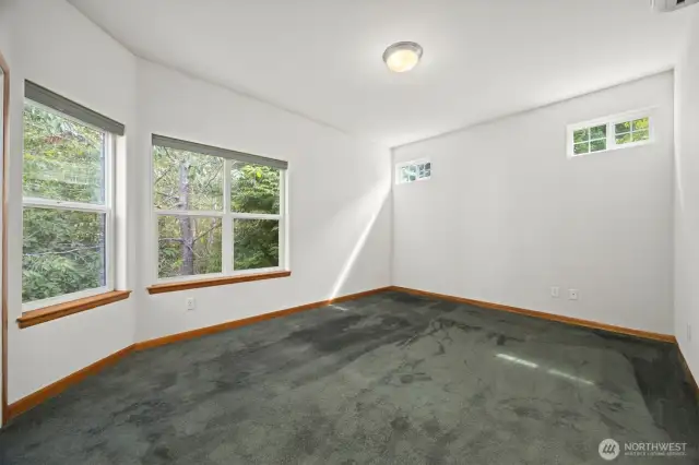 The primary suite is very spacious with lots of natural sunlight.