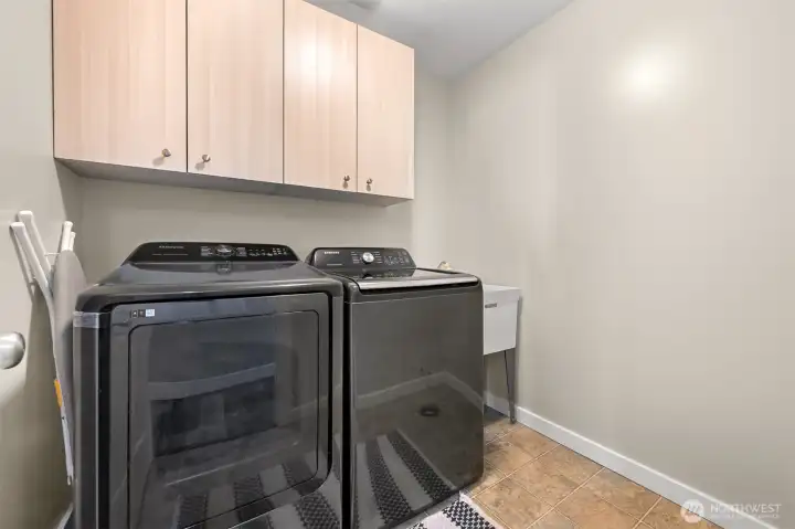 Storage and utility sink in laundry room on main level.