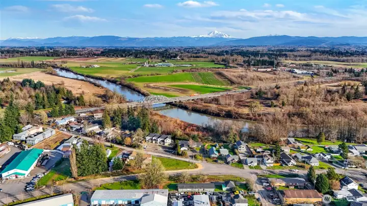 Birds eye view of Eaton Ave (lower center), Portal Way area and I-5 access looking East towards Mt Baker