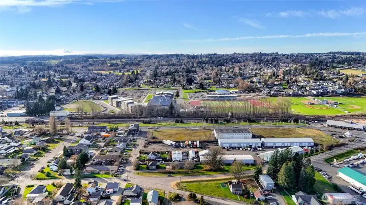 View looking down at intersection of Eaton Ave, Portal & Cedar & towards the West to dtown Ferndale, Ferndale High School and beyond