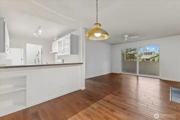 Kitchen opens to dining room