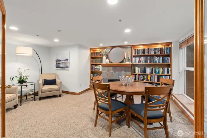 The Waterside boasts a warm and welcoming lobby/library, providing the perfect space for residents and guests to gather, relax, or meet in comfort.