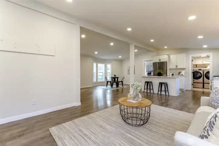 Family room facing kitchen & dining room.