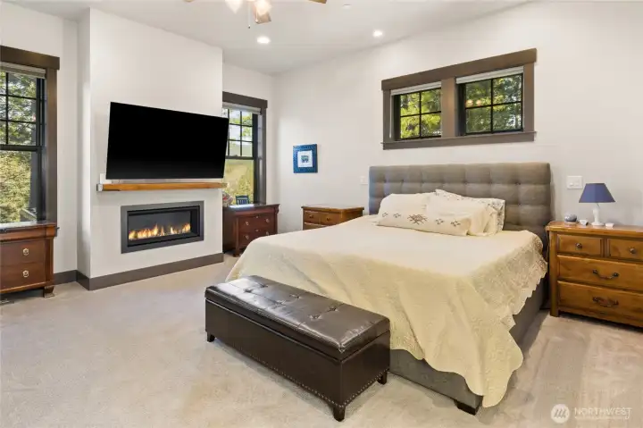 Primary bedroom on main floor with fireplace
