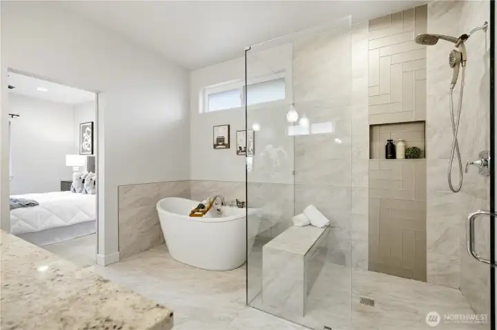 Walk-in shower w/ heated tile bench Walk-in shower w/ heated tile bench