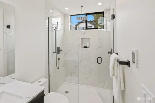 Private Suite Bath with Double Sinks, Big Luxury Shower with Stone Floor, Rain Head, Handheld and Built-In Shelf