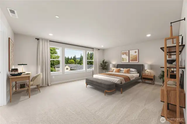 Large primary suite accommodates a king size mattress and more. Large windows for lots of natural light. Photo of actual home with virtual staging.