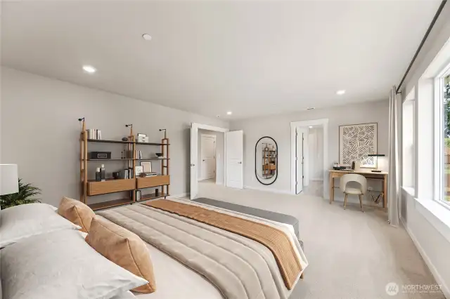 Large primary suite bedroom accommodates a king size mattress and more with large windows. Photo of actual home with virtual staging.
