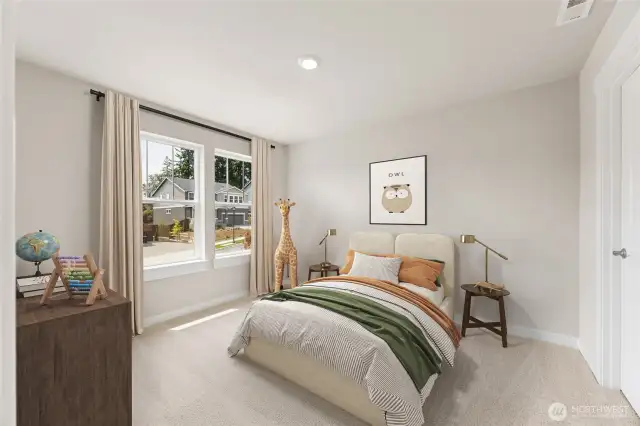 Guest bedroom with walk-in closet and big windows for natural light. Photo of actual home with virtual staging.