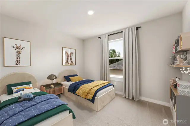 Guest bedroom that doubles as a home office space. Photo of actual home with virtual staging.