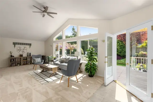 Family room overlooking back yard and deck