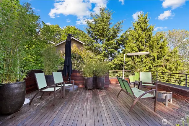 Rooftop terrace/deck off the upper primary suite also has access from outside stairs.