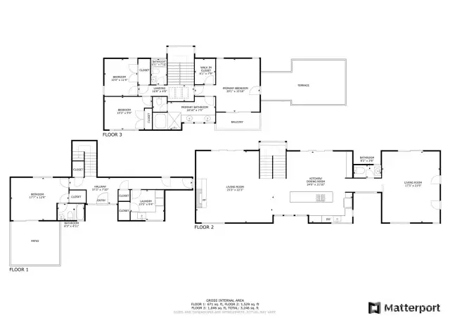 Floor Plan - note two-car garage is on floor 1, under 'living room' on the right of floor 2.