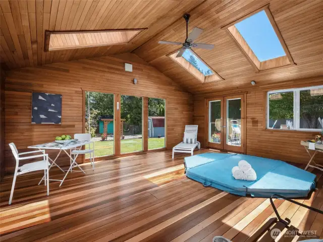Custom spa room. Approximately 300sq ft. Refinished pine floors and cedar walls.   Hot tub works!