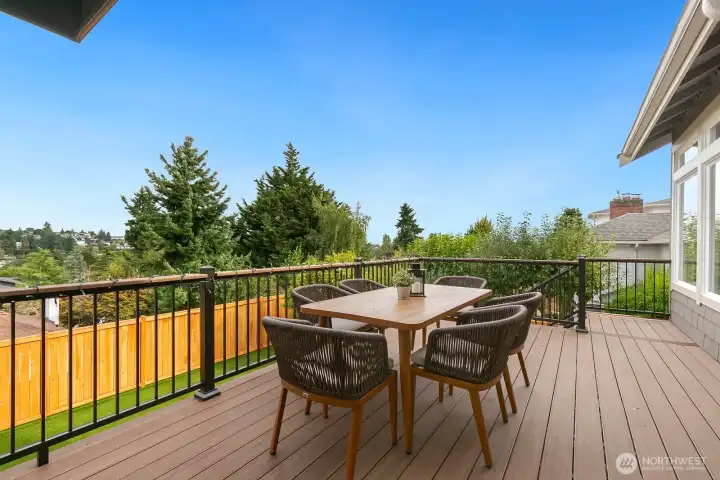 Deck off the kitchen/flex space is expansive and leads down the stairs to the soccer field-like turf yard.