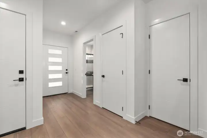 Custom entry door with opaque glass.