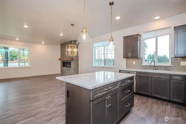 All Design Packages include stunning quartz counters with full tile backsplash, luxury vinyl plank flooring & striking contemporary lighting & hardware. Note the eat-in island, contrasting upper & lower cabinetry colors, under cabinet lighting and large energy efficient windows.