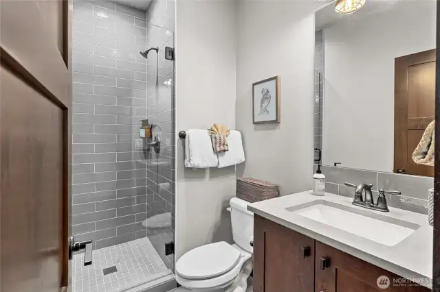 Beautiful tile work in bathroom.