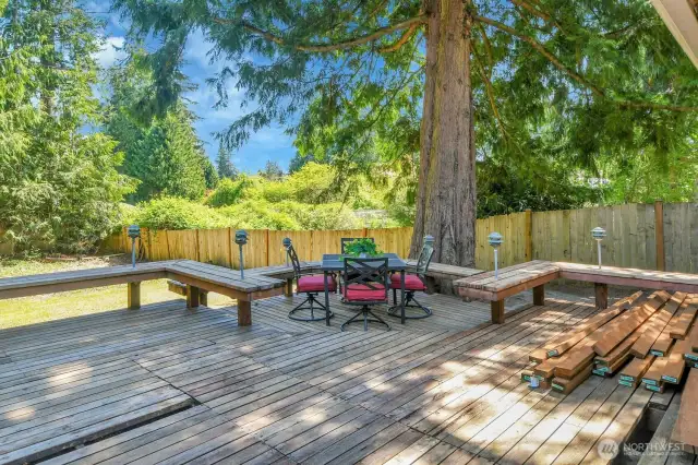 Spacious backyard deck with built-in seating—great for hosting, BBQs, and outdoor entertaining...missing boards will be replaced.