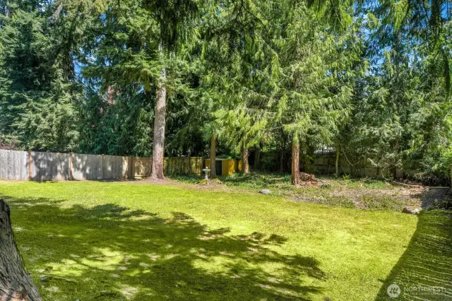 Huge, tree-lined backyard with tons of space to play, garden, or simply relax in nature.