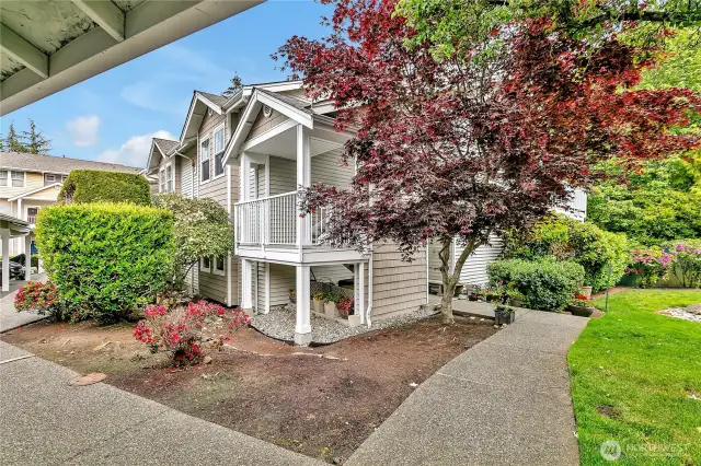 Well-landscaped side entrance