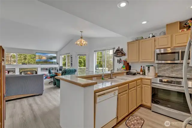 Open concept kitchen-living with vaulted ceilings