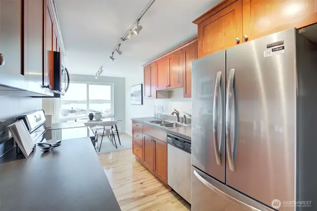 Brand new stainless refrigerator!  Even a view from the kitchen.