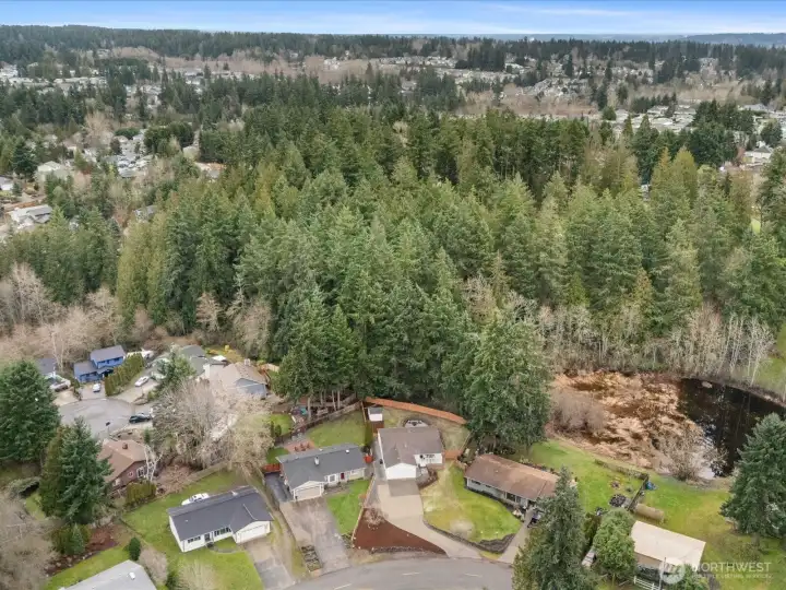 Aerial view highlighting the home's location, expansive lot, and private serene setting