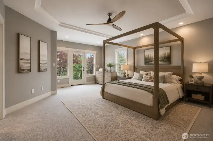 (virtually Staged)Expansive primary bedroom suite featuring plush carpeting, tray ceiling, ceiling fan, and abundant natural light. French doors provide direct access to the private deck, creating a seamless connection to outdoor living and enhancing the overall sense of space and comfort.