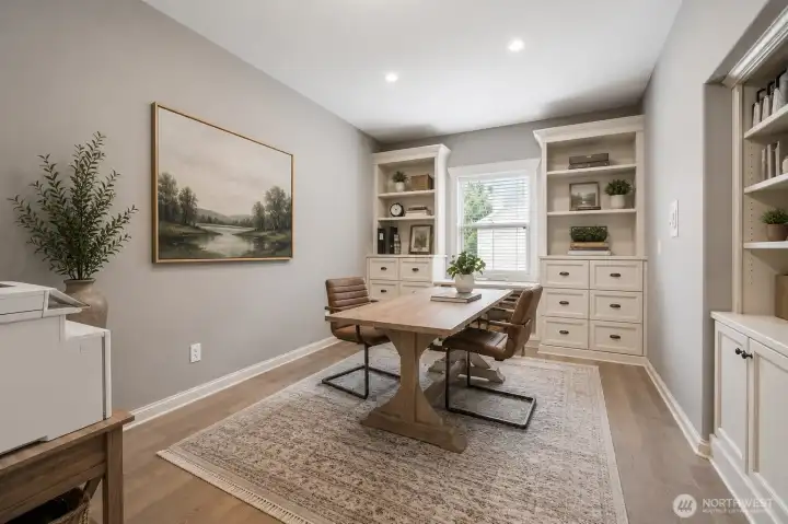 (virtually staged ) Lower-level office featuring custom built-in shelving and cabinetry, wood flooring, and recessed lighting. This quiet, well-designed workspace offers excellent flexibility for remote work, study, or creative use, with ample storage and a comfortable layout.