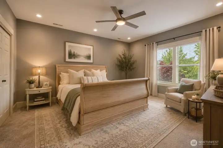 (virtually staged) Spacious primary bedroom offering plush carpeting, recessed lighting, and a ceiling fan for year-round comfort. Large windows provide abundant natural light and peaceful views, creating a calm and inviting retreat with ample room for furnishings.