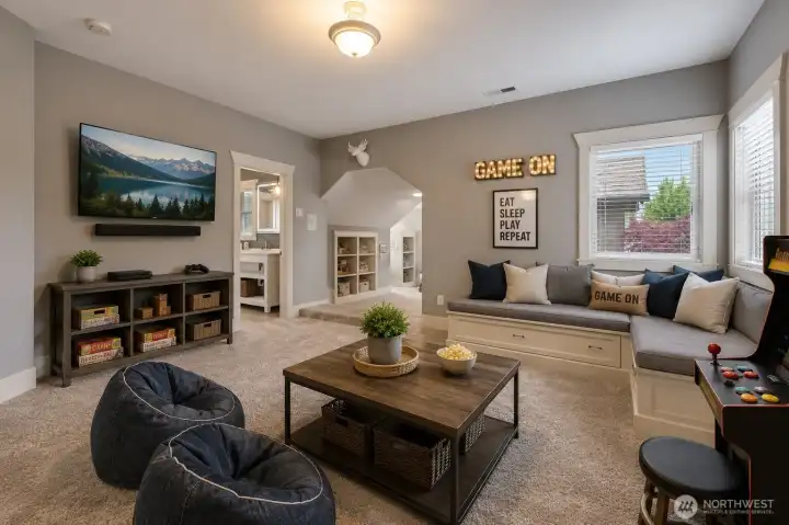(virtually staged)Spacious secondary bedroom or flex room offering generous square footage, plush carpeting, and ample closet storage. The versatile layout easily accommodates a variety of uses, including guest space, recreation room, or home office, with convenient access to nearby bedrooms and bath.