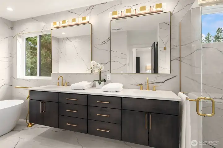 Gorgeous primary bath with floor to ceiling large format tile