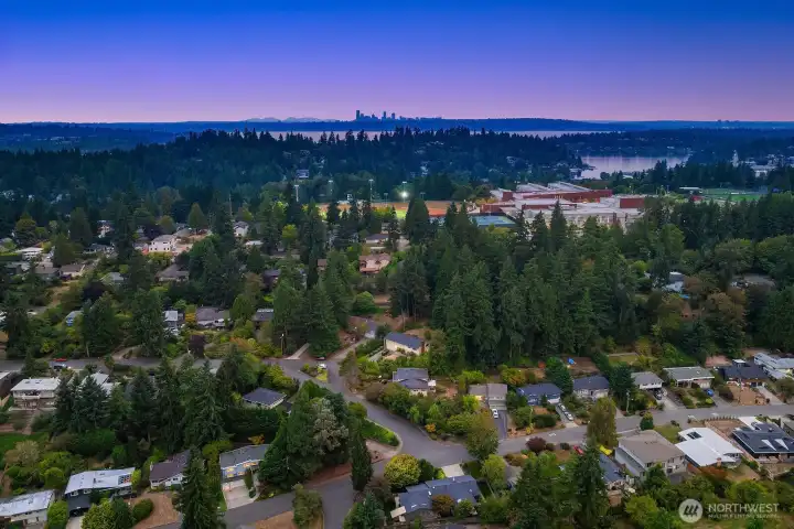 This gorgeous dusk aerial captures the lush, tree-lined Surrey Downs neighborhood with the glowing Bellevue skyline on the horizon, perfectly illustrating the rare combination of peaceful residential living just minutes from the energy of downtown Bellevue.