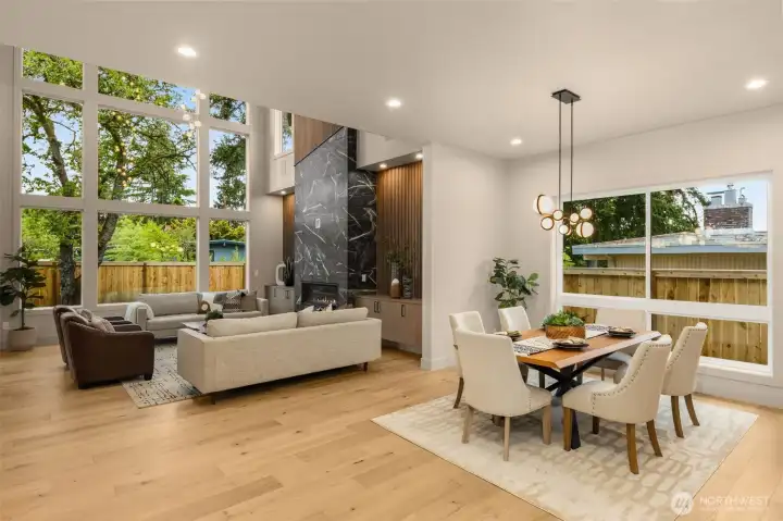 Open concept floor plan flows seamlessly between dining and living areas