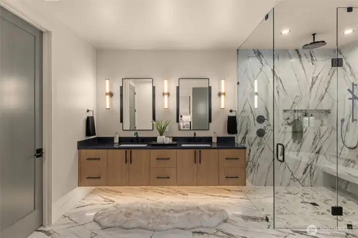 Spa like primary bath with curbless shower and heated floors