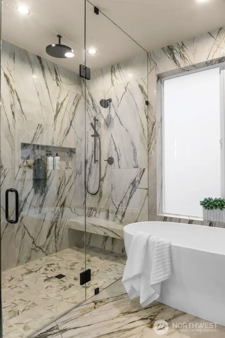 Z-Collection tile and a floating shower bench