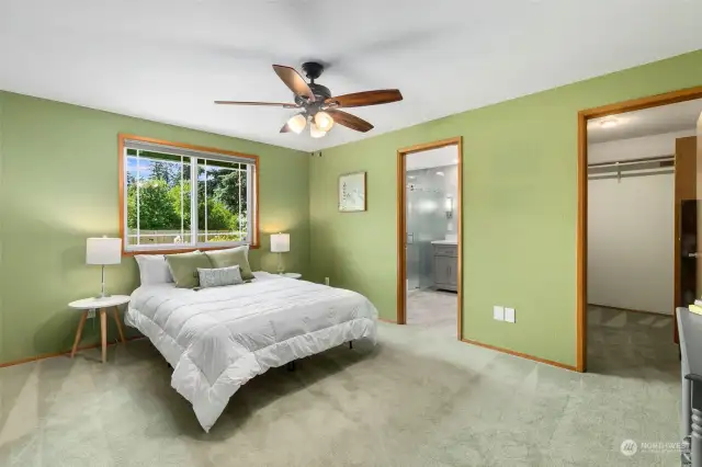 Primary suite with ceiling fan and backyard view, walk-in closet, and beautifully updated bath.