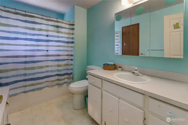 Main bathroom has tub/shower combination, large vanity with 1 sink and linen closet.