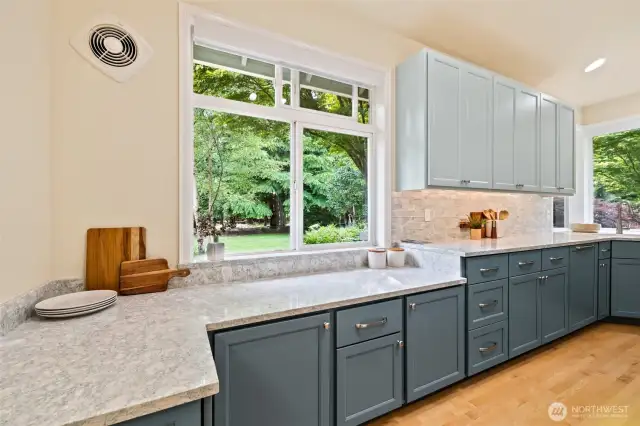 Beautifully remodeled kitchen with quartz counters overlooks the backyard oasis.