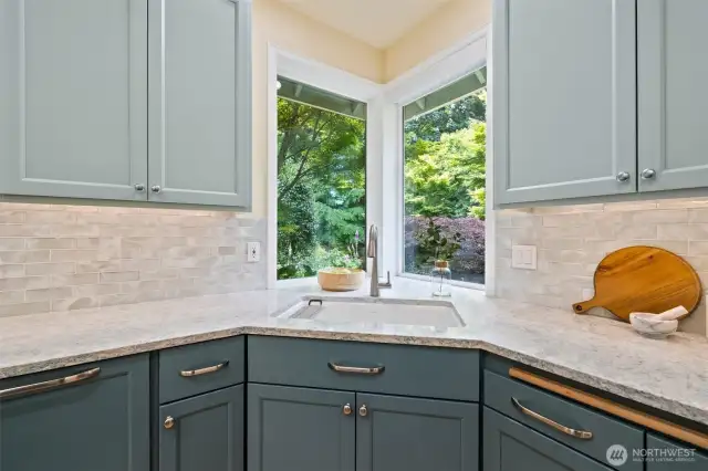 Kitchen window overlooks the gorgeous backyard oasis.