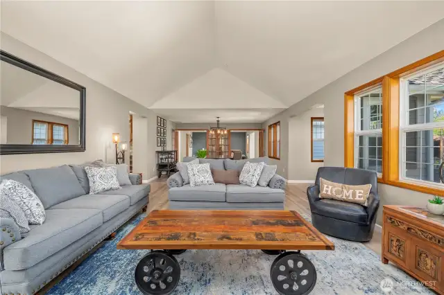 From here you can see across the living room, dining room and into the family room