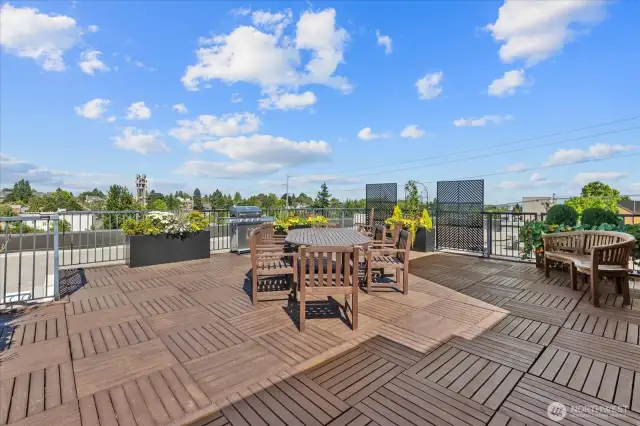 Community BBQ and seating on rooftop deck.