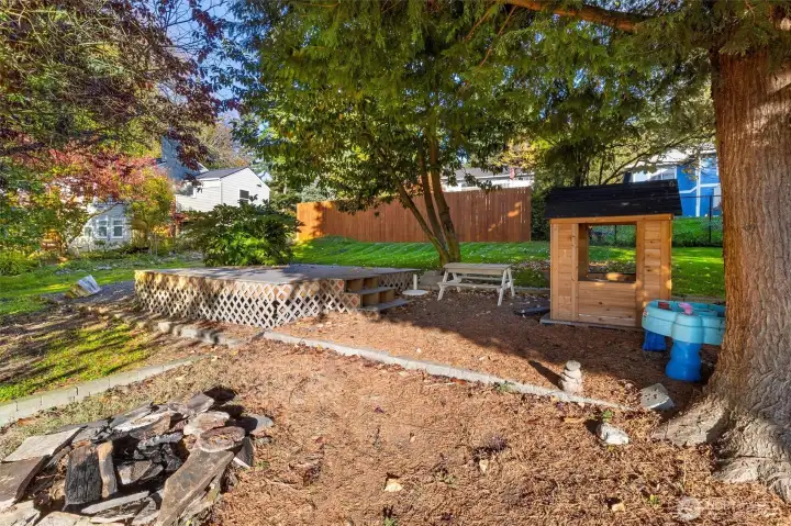 Backyard view with mature landscaping and room to play or garden.