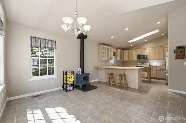 Dining room with woodstove.